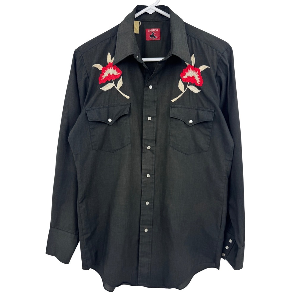 Chute #1 Vintage Mens Western Pearl Snap Shirt Black Red Floral Embroidery L/S